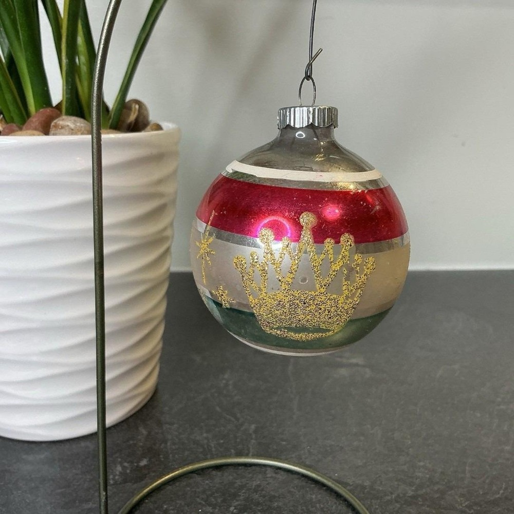 Shiny Brite 3" Glass Crown Stencil Christmas Ornament Red Blue Gold Silver USA